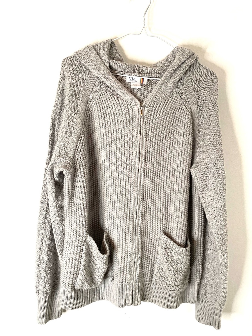C&C California Grey Chunky Knit Hooded Zip Cardigan Sweater Jacket